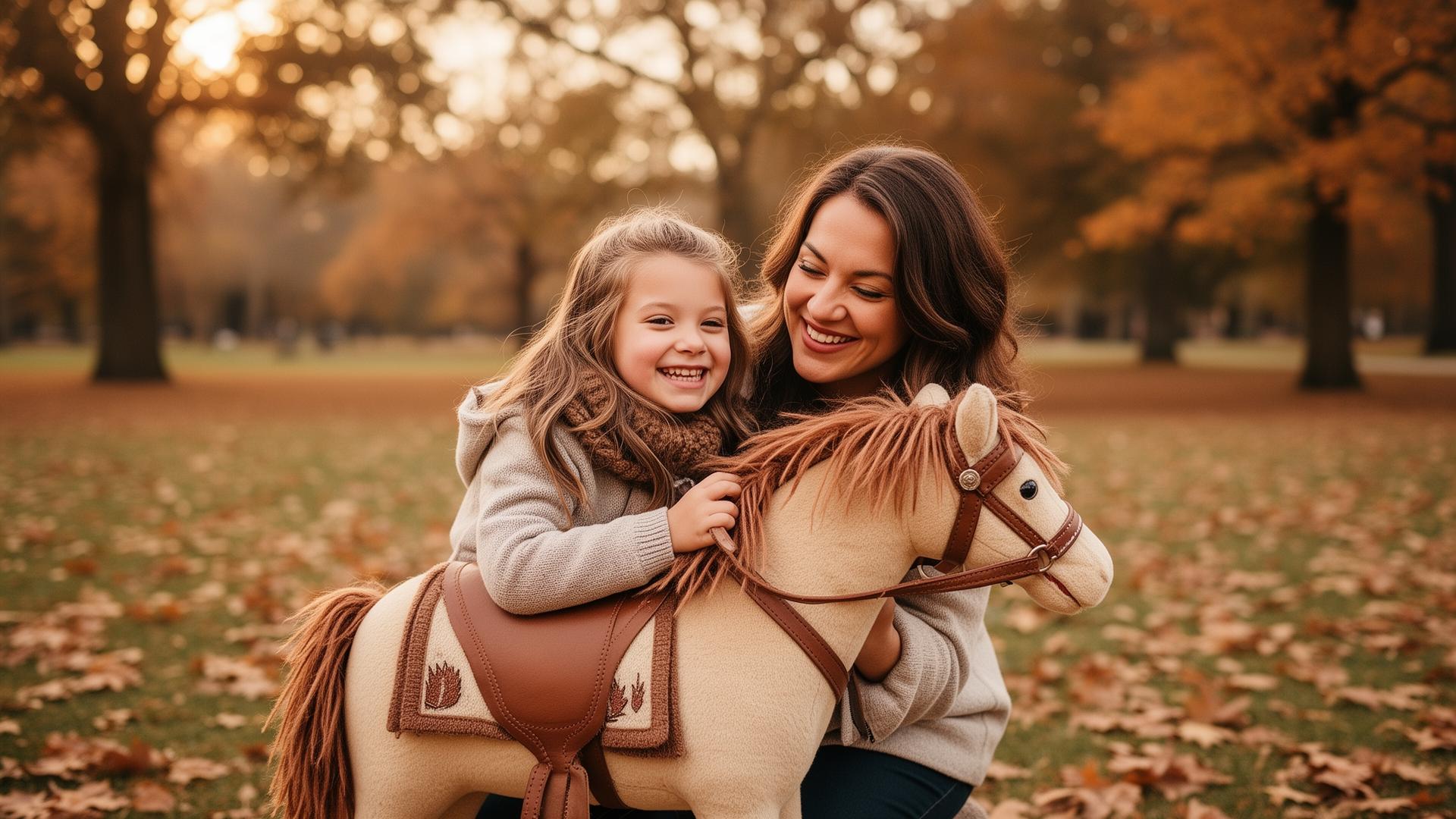 Mutter und Tochter teilen einen herzlichen Moment mit ihrem Hobby Horse im Herbstpark