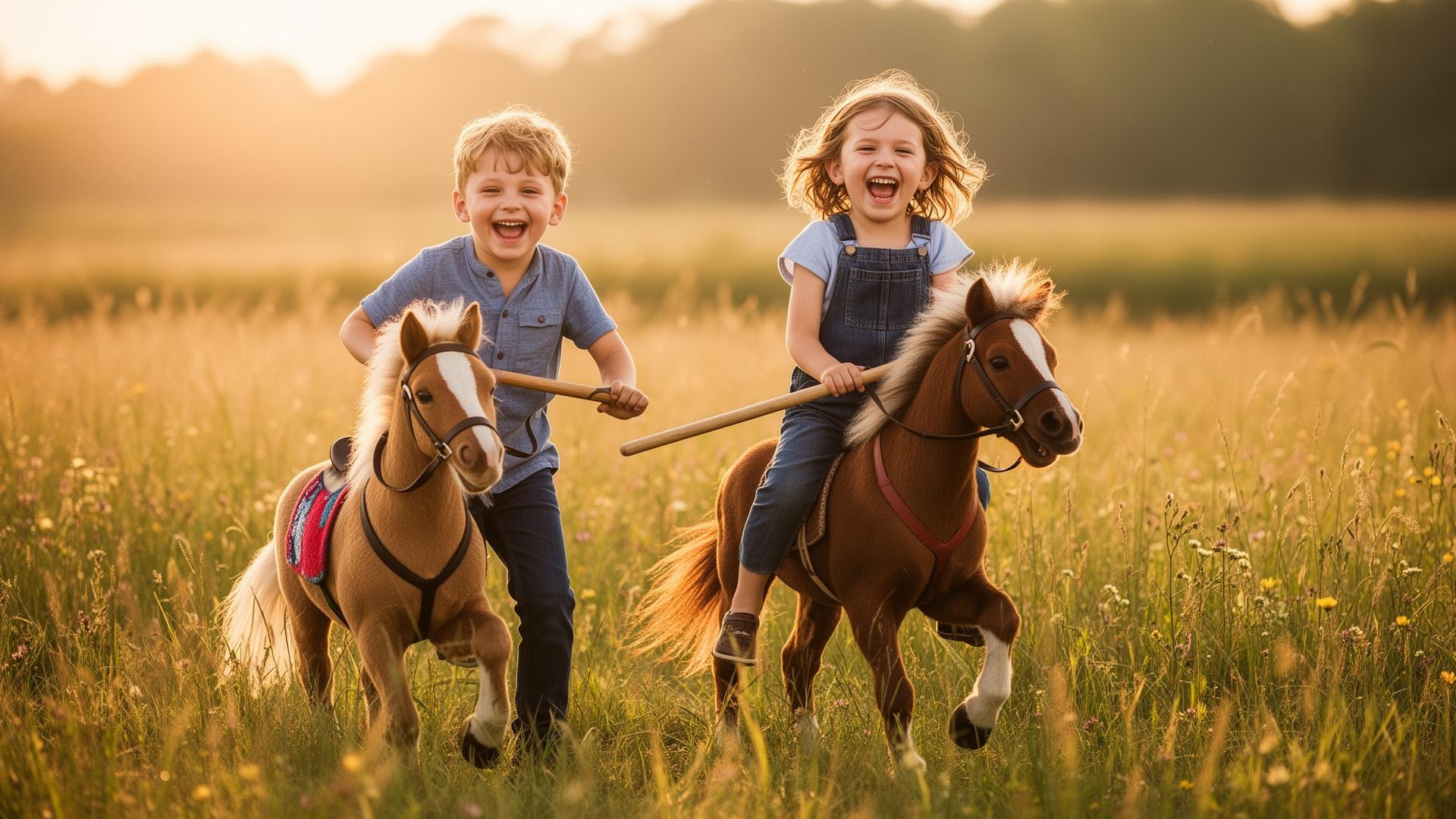 Zwei lachende Kinder reiten ihre Hobby Horses durch eine sonnige Sommerwiese