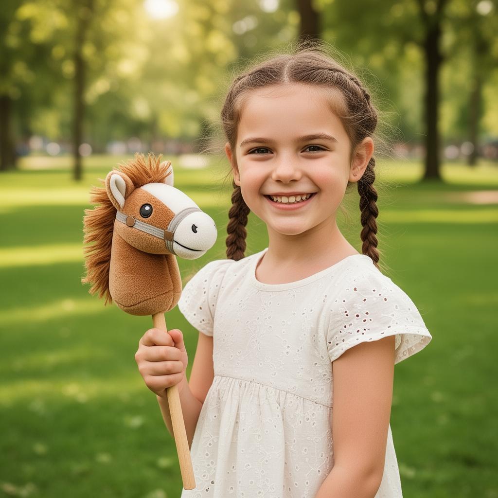 Hobby Horse Vergleich Testsieger 2026 – lachendes Mädchen mit Steckenpferd im Park