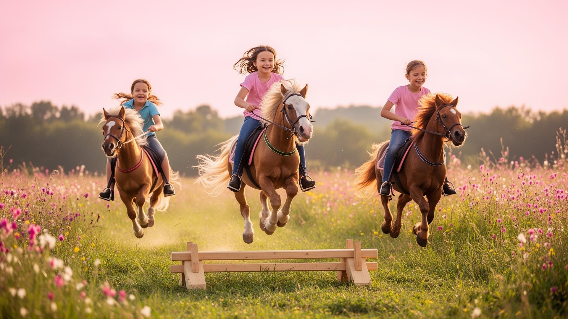 Hobby Horse Steckenpferd Testsieger – Kinder reiten fröhlich mit Hobby Horses über eine Wiese